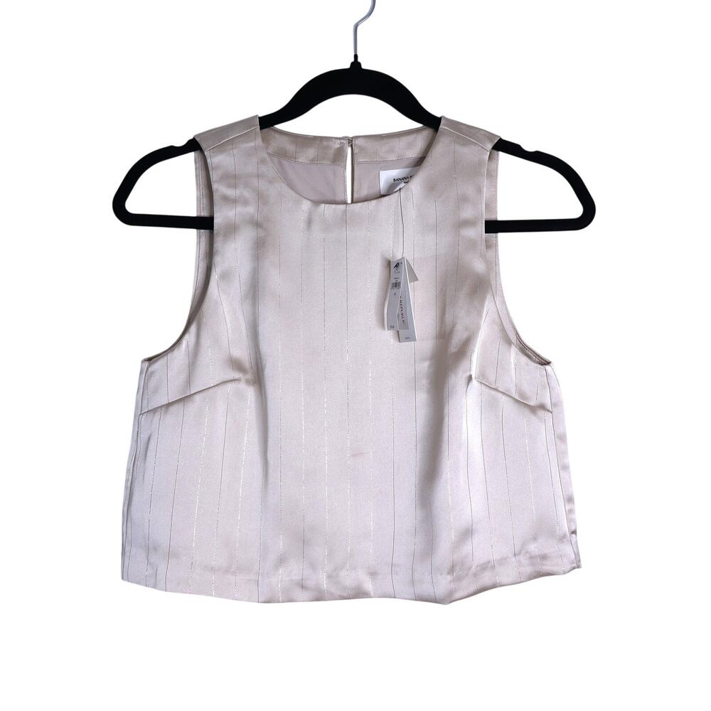 BANANA REPUBLIC Lurex Cropped Shell Blouse Oyster Pearl Pinstripe Women's XS
